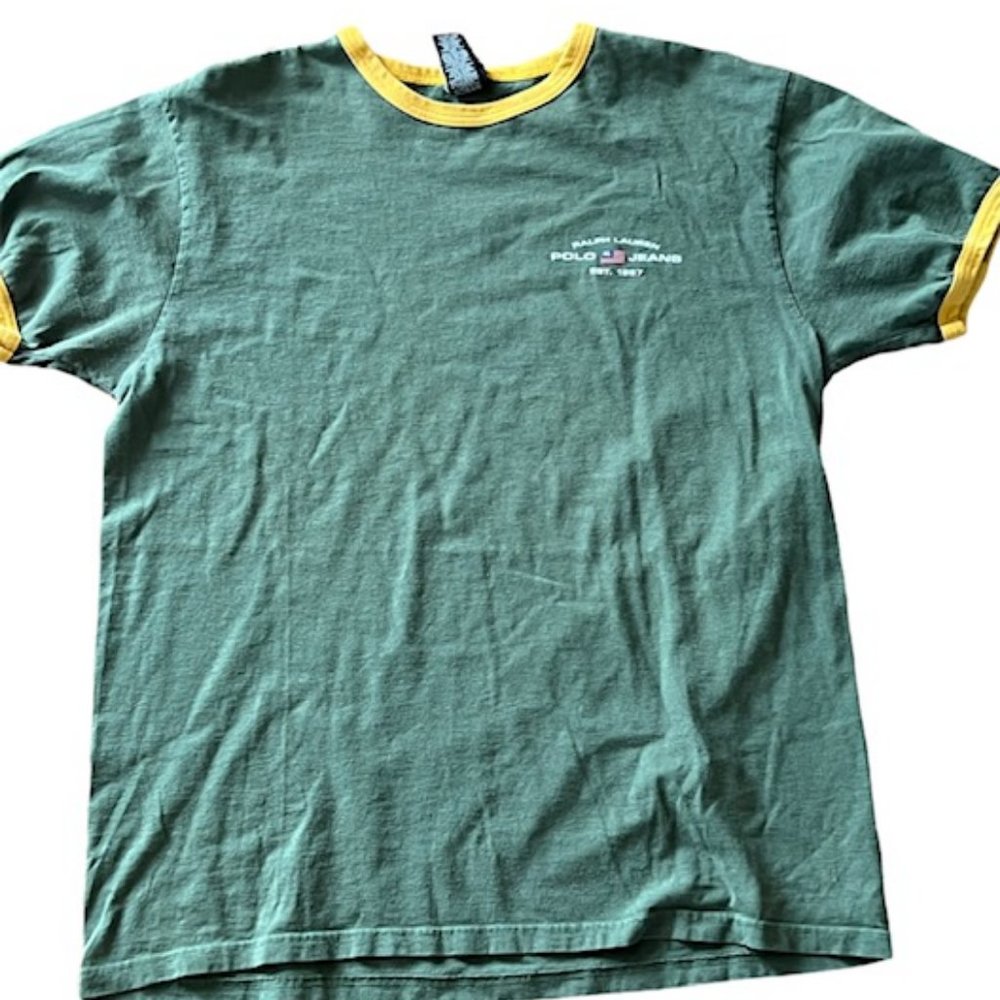 🏇 Unique Ralph Lauren vintage 1967 Polo t-shirt Green Gold collar Medium